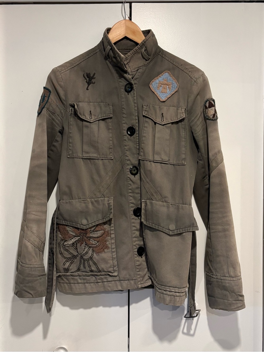 Women’s Olive Utility Jacket with Embroidered Patch Details